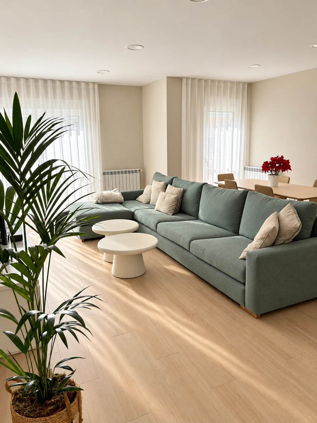 Salón con sofá verde en L, mesas de centro redondas blancas y planta natural en una vivienda de Huesca.
